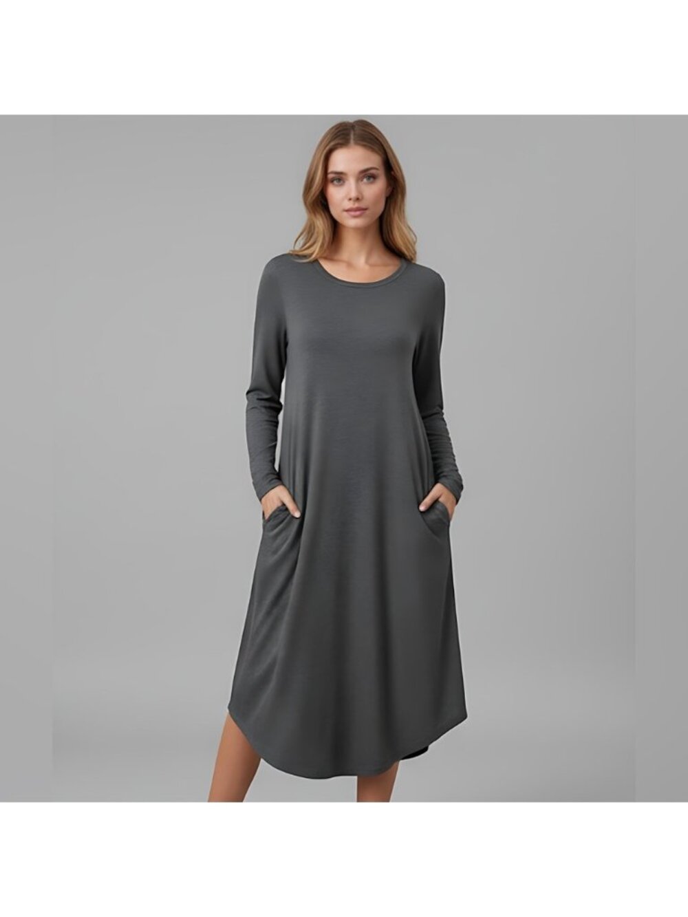 Tee Knit Curved Hem Dress With Pockets